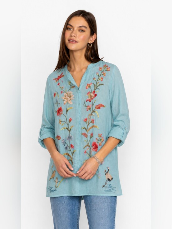 Johnny Was Tops - Johnny Was Geniveve Voyager Embroidered Tunic Top Blue V-Neck Long Sleeve Size M